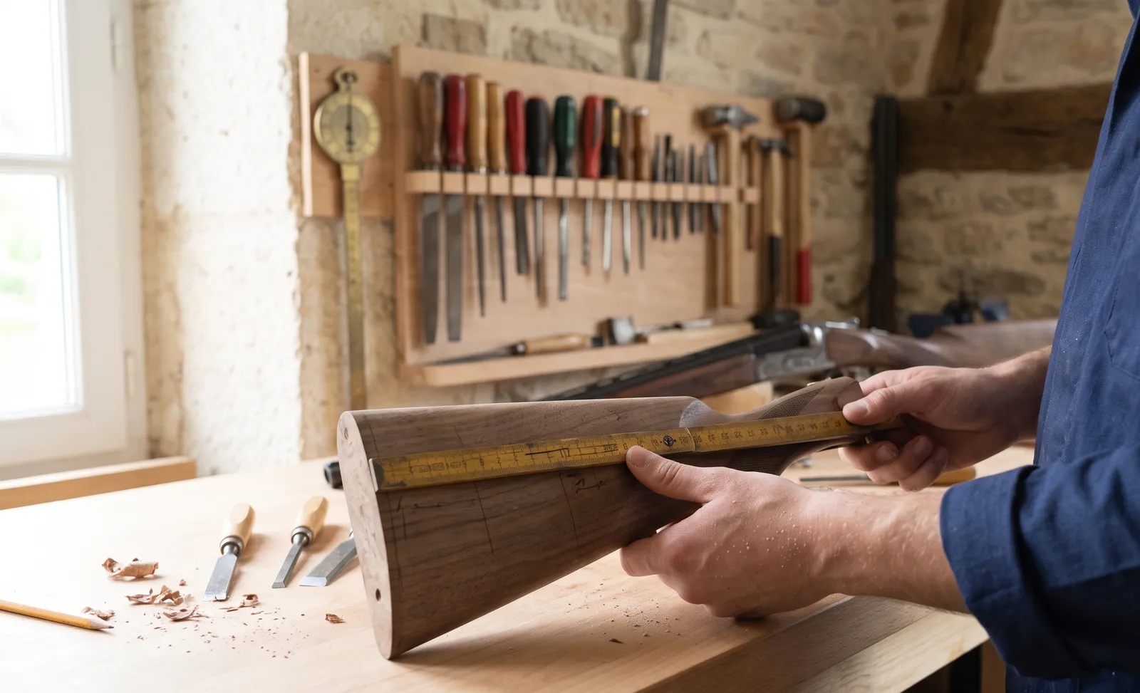Mesure d'une crosse de fusil en noyer au mètre pliant, sur un établi d'atelier