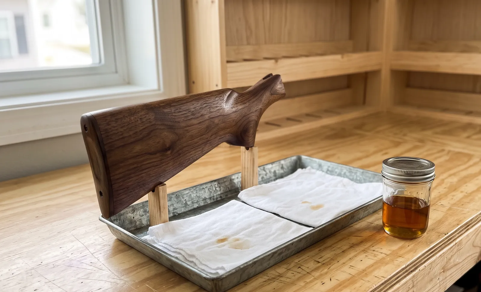 Crosse huilée séchant sur des chevilles, chiffons étalés bien à plat sur un plateau métallique