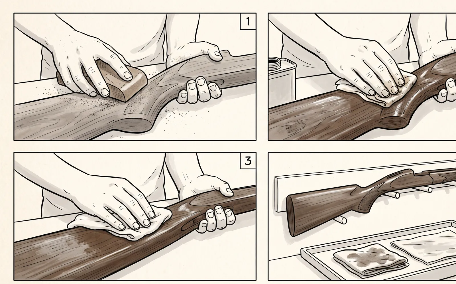 Storyboard en quatre cases : poncer, huiler, essuyer, puis sécher la crosse pendant que les chiffons reposent à plat