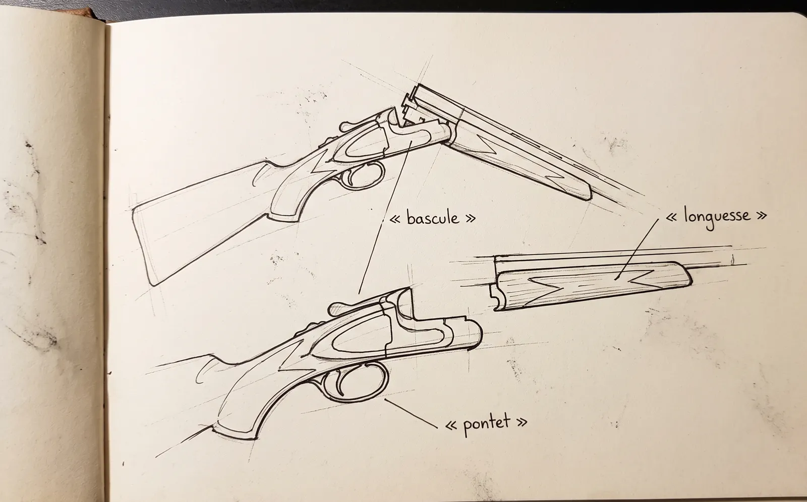 Croquis de carnet d'atelier : fusil à bascule ouvert avec les termes bascule, longuesse et pontet