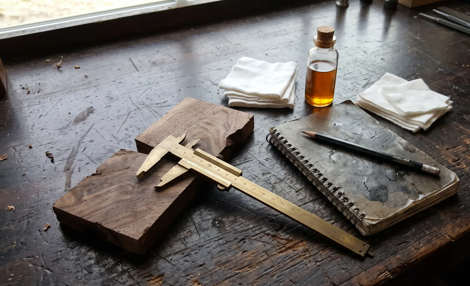 Coin de mesure d'un établi : mètre pliant, pied à coulisse en laiton, chutes de noyer, carnet et flacon d'huile