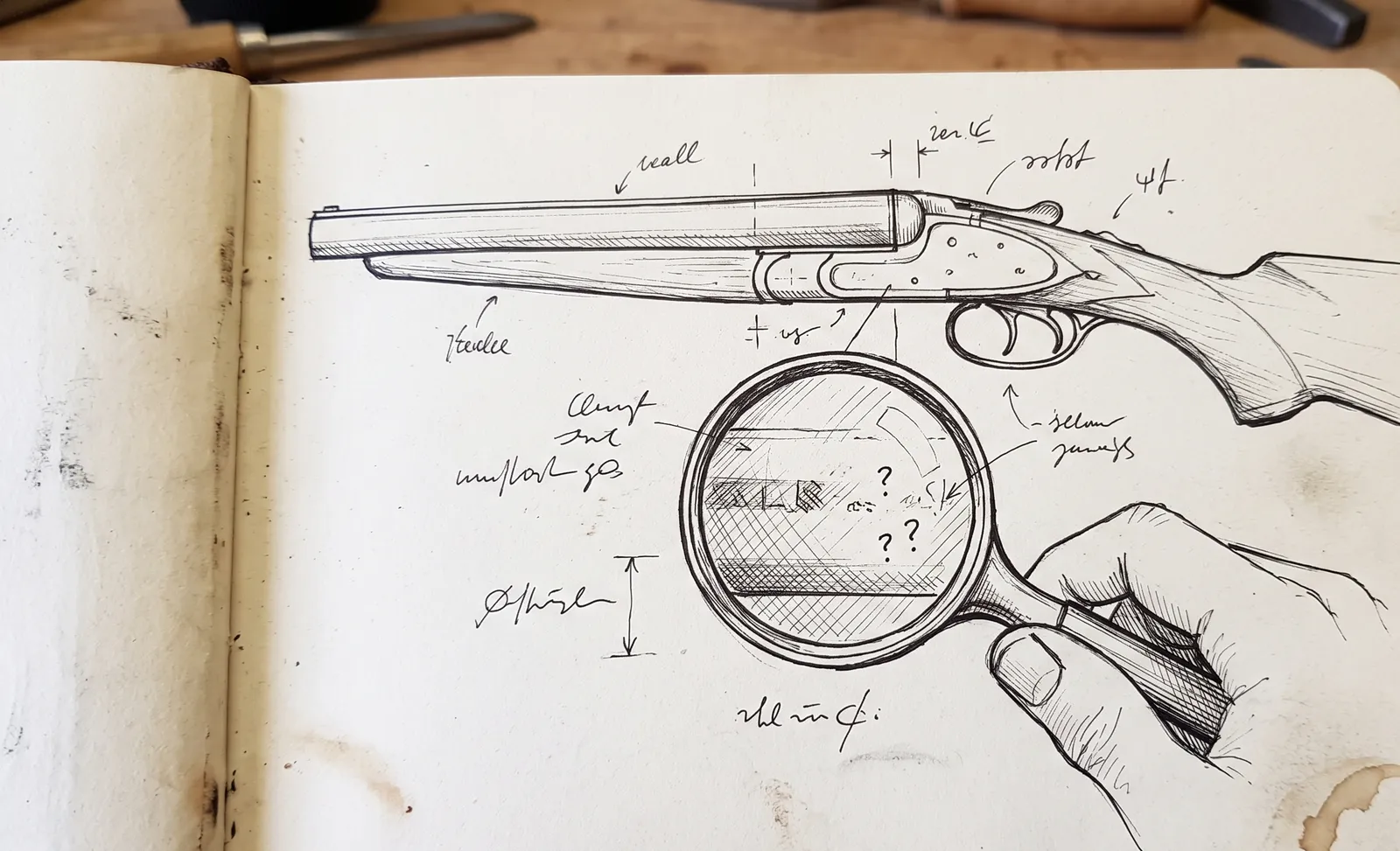 Page de carnet à l'encre : fusil juxtaposé, loupe grossissant une zone laissée en points d'interrogation