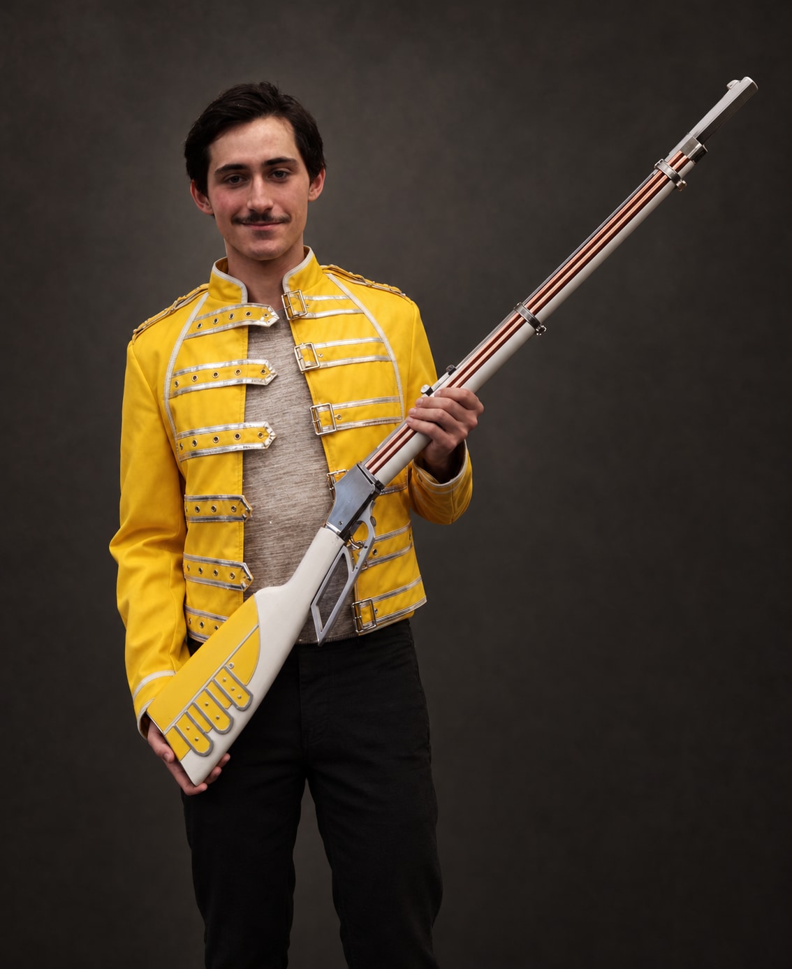 Charles en veste jaune, tenant sa Winchester M1885 entière, de la crosse à la bouche du canon. Portrait retouché d’après la photographie de présentation au jury.